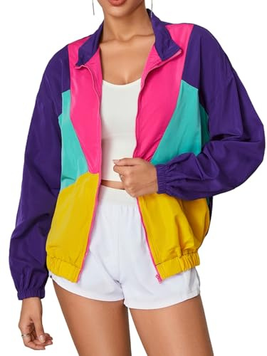 WDIRARA Women's Color Block Zip Up Lightweight Jacket Patchwork Sporty 80s Windbreaker Jacket Multicolor Small