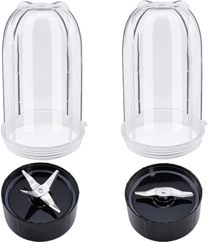 DEMULAX Paquete de 2 Vasos Altos de 16 oz con Cuchillas Cruzadas y Planas combinadas, compatibles con Magic Bullet, licuadora y exprimidor de 250 W MB-1001 Cuchilla de licuadora de Alto Rendimiento