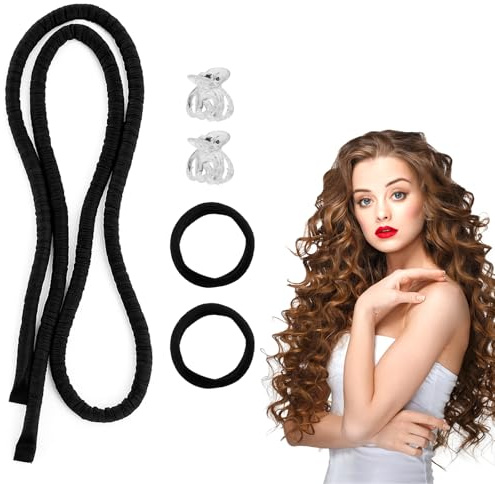 APOMOONS rizador pelo sin calor, rulos de 1,6 m para usar durante la noche, rizos nocturnos con 2 gomas para el pelo y 2 pinzas, rizos nocturnos sin calor para cabello largo y corto (negro)