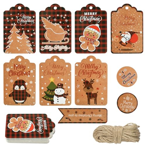 TAIYOU Lot de 60 étiquettes cadeaux de Noël en papier kraft rétro avec ficelle Décoration de Noël pour cadeaux Emballage Décor 10 designs D