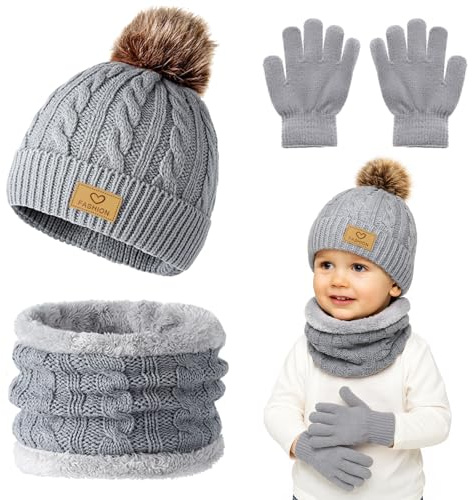 Winmany 3PCS Niños Invierno Gorros Guantes Bufanda Conjunto Niño Polar Cuello Calentador Gorro con Pom Conjunto de Mitones de Punto para Niña Niño (Gris)
