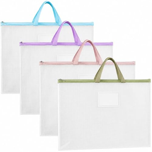 huoanpo 4PCS A2 Art Folder Set, Paint Storage Bags, Waterproof Transparent | A2 Art Folder with Zipper and Handle for Posters, Drawings, Artwork (Blue, Green, Pink, Purple)