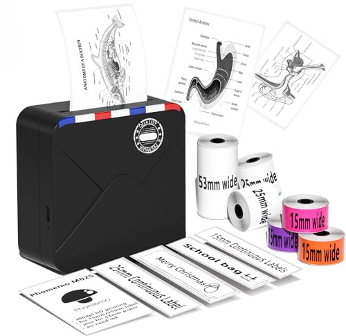 Phomemo M02S Thermodrucker mit 6 Etikettenrollen - Mini Bluetooth Tragbarer 300dpi Drucker mit wiederaufladbarem Akku, geeignet für Organisationsfotos im Journal, kompatibel mit iOS & Android, Schwarz