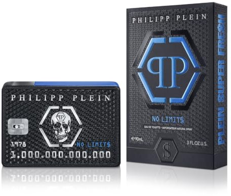 Philipp Plein – Eau de Toilette No Limits Super Fresh 90 ml – Herrenparfüm – Frische und holzige Noten – Ein Hauch von Energie, Hedonismus und Erfolg – Schwarz-blau lackierter Glasflakon