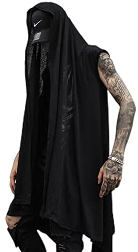 CHUNNUAN Chaleco largo punk rock para hombre, estilo gótico, sin mangas, estilo gótico, negro, talla única