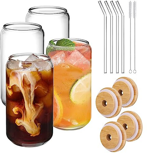 Juego de 4 Vaso de Cerveza con Tapa y Pajita, Copas de Cerveza Cóctel, Taza de Café Helado,Tazas de Vidrio con Forma de Lata para Lavavajillas, Vaso de Agua Para Batidos Jugo Boba Té Coca