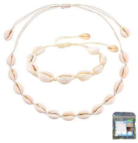 Jormftte Shell Necklace Bracelet, Shells Necklace Bracelets Set, 2 Pieces Adjustable Shell Bracelets Anklets, For Women, Girls And Man (White)