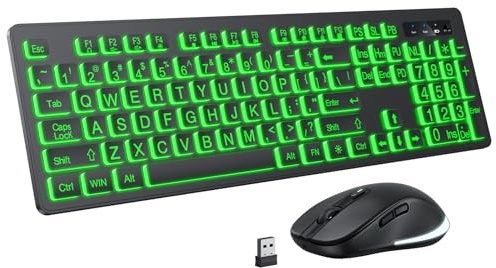 Large Print Wireless Keyboard and Mouse - 7 Colors Backlit Keyboard, Oversize Letters Keys Easy to See and Type, Rechargeable Keyboard and Mouse with Light Up Key, Compatible for PC, Windows, Gaming