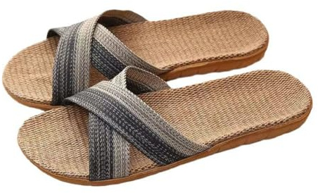 AHDMR Hommes Femmes Chaussons d'été en Lin Respirant Sandales d'Intérieur Antidérapantes Charentaises Mules à Bout Ouvert Tongs Plats Couples à Semelle de Lin Évacuant l'Humidité pour Maison Bureau