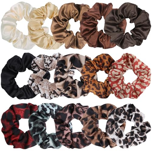 SYEYCW 15 Pezzi Scrunchies per Capelli, Morbidi Multicolori Leopardata Tinta Unita Fascette Scrunchies, Elastici Scrunchies in Raso, Porta Coda di Cavallo Accessori per Capelli, per Ragazze e Donne