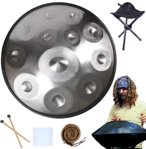 432 Hz/440 Hz Handpan Drum 56cm D-Moll Stahl-Handpan-Trommel 9/10/12 Noten Handtrommel Schlaginstrument Für Professionelle Performance,mit Weicher Handpan-Tasche, Schlägel(Color:Silber,Size:12 Notes(4
