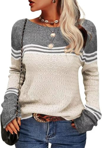 CheChury Maglione Donna Invernale Collo Rotondo Comoda Moda Maglia Donna Manica Lunga Sottile Causali Pullover Lunga Sweatshirts Autunno Elegante a Manica Lunga Colorblock Morbido Righe Pullover