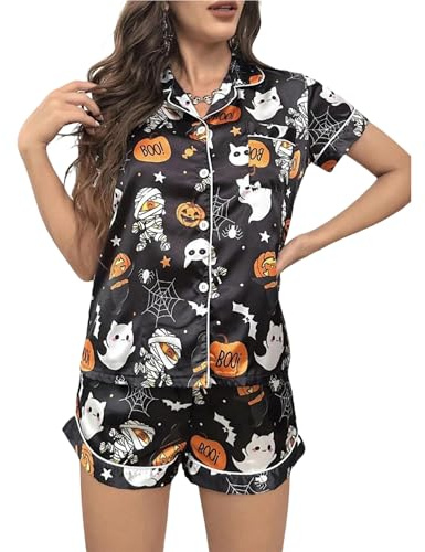 Felcia Women's Halloween Silk Pajama Set Ghost Pumpkin Print Short Sleeve Button Closure Top with Shorts Sleepwear (A-Black, M)