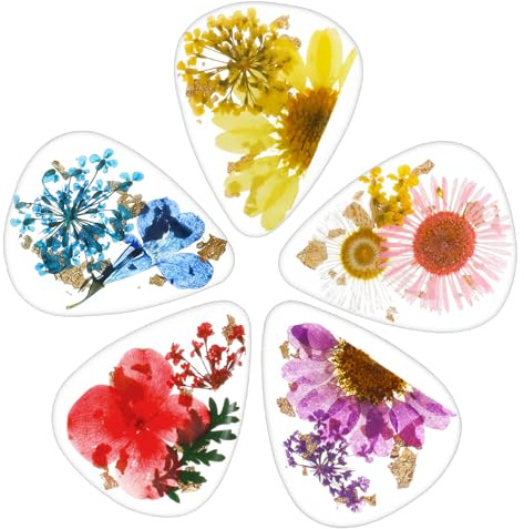 5 Pieces Flower Guitar Picks, Dried Flower Resin Guitar Picks Heavy Handmade Colorful Guitar Plectrums Artist Guitar Pick for Bass Electric, Acoustic Guitar Bass Ukulele, 5 Styles Classical Triangle