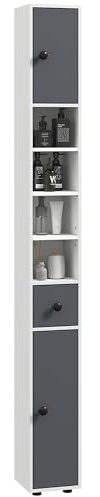 kleankin Armario de Baño Alto, Columna de Baño Estrecha con 1 Cajón, 4 Estantes Abiertos y Estantes Ajustables, 2 Puertas, Estilo Moderno, para Espacios Pequeños, 20x20x180 cm, Gris