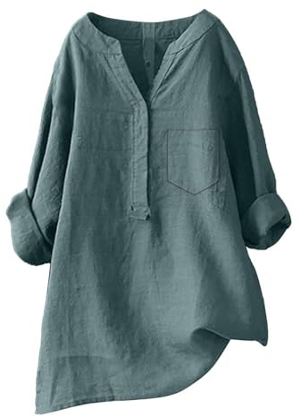Linen Tops for Women UK Long Sleeve Button Wedding Tshirt Sales Womens Cotton Linen Shirts Solid 3/4 Sleeve Summer Vacation Tunic Top Oversized Tshirts Casual V Neck Blouses