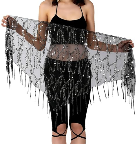 Women's Belly Dance Hip Scarf with Sequins, Triangle Shawl Tassels Belly Dancing Waist Scarf Belt for Performance, Costume, & Festival