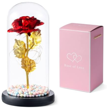 Röd kärleksros med LED-lampor under glasklockan – konstgjord blomma för romantisk present – för mamma, fru, flickvän, mors dag, födelsedag, årsdag, jul