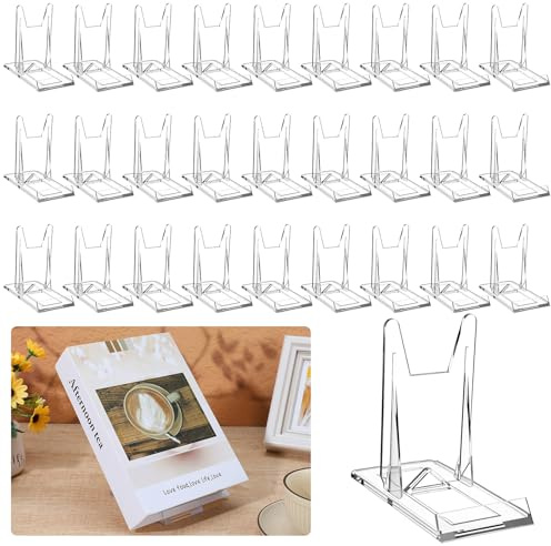Afcabakila 30 Pack Adjustable Acrylic Book Display Stands Clear Easel Collector Display Holder for Artwork Album CD Magazine Photo Frame Card Desktop Stand 4.2 H x 2.35 W