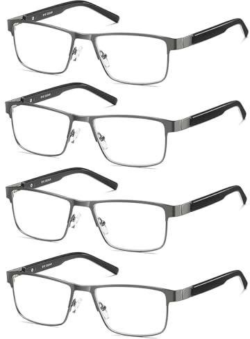 EYECEDAR 4-Pack Reading Glasses for Men Blue Light Blocking Gunmetal Frame Rectangle Style Spring Hinges Readers 2.0