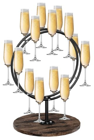 DEMEGA 3-Tier Champagne Tower, 360° Rotating Wine Glass Holder with Wooden Base - Sturdy Black Metal Cocktail Stand for 12 Glasses, Easy Assembly Drink Rack for Martini Cups, Party, Wedding, Bar