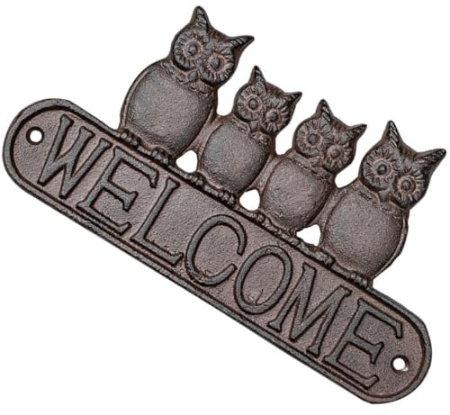 COLLBATH Cartel de Bienvenida para Puerta de Entrada Diseño de Búho en Hierro Fundido, Decoración Rústica para Jardín y Patio, Adecuado para Fiestas de Inauguración de Hogar y Recepciones