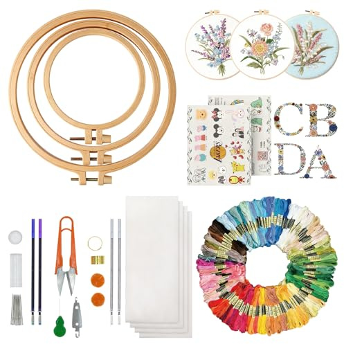 XIAOjnHONG 130 Pcs Embroidery Starter Kit 100 Threads 3 Bamboo Frames