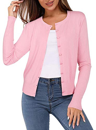 Newshows Women's Solid Button Down Long Sleeve Classic Crew Neck Knit Cardigan Sweater(Pink,X-Large)