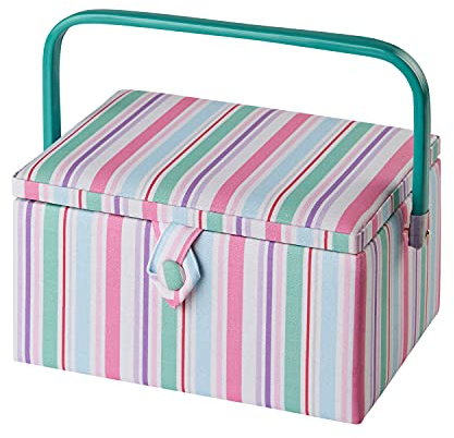 Medium Sewing Box in a Multicolour Stripe Fabric | 26 x 18 x 15cm, Storage and Organiser Basket with Compartments for Sewing Supplies, Accessories, Thread, Needles and Scissors