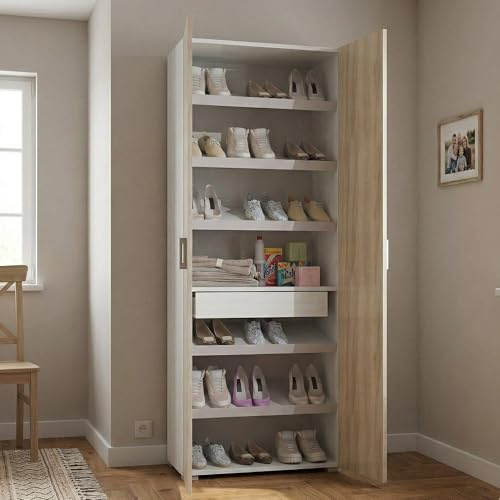 Dmora - Armoire polyvalente Ginestra, Armoire linéaire avec 2 portes battantes, Armoire avec 6 étagères, Étagère à chaussures moderne, 100% Made in Italy, 72x37h195 cm, Orme et Blanc