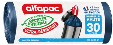 alfapac - 15 sacs-poubelle 30L poubelle haute à lien coulissant ultra-résistant - fabriqués en France - bi-matière recyclée & végétale