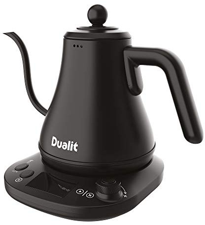 Dualit Wasserkocher Schwanenhals Schnellkochender Electric Kettle (800ml) - Schwarz Matt - Gooseneck Kettle Tropft Nicht - Digitale Display Anzeige - Hocheffiziente Energiesparende Wasserkanne