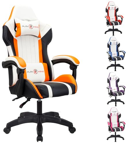 T-THREE.Ergonomic Leather Gaming Chair Height Adjustable with Headrest and Lumbar Support(Orange)