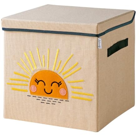 LIFENEY Aufbewahrungsbox mit Deckel und Sonne I Spielzeugbox mit Motiv passend für Würfelregale I Ordnungsbox für das Kinderzimmer I Aufbewahrungskorb Kinder