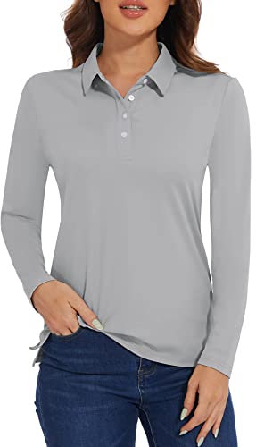 MAGCOMSEN Damen Golf Poloshirt Langarm Atmungsaktiv Sportshirt Schnelltrocknend Funktionsshirt Athletic Polo Long Sleeve, Hellgrau M
