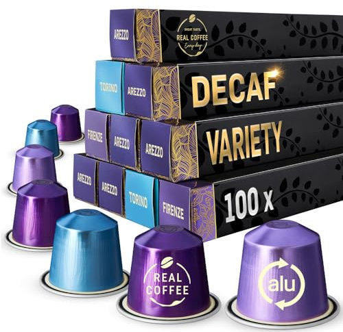 Real Coffee Decaf Italian Variety | 100 Nespresso Compatible Pods | Medium & Dark Roasts | 3 Italian City-Inspired Blends: Arezzo, Firenze, Torino | Aluminium capsules |