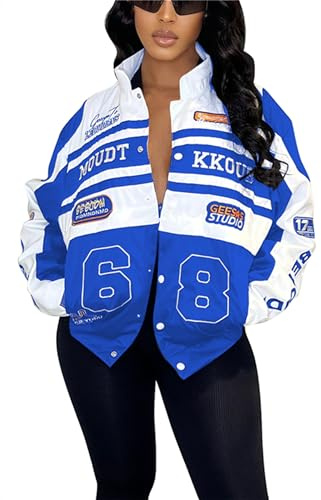Women's Varsity Jacket Detachable Letter Graphic Racer Vintage Colorblock Baseball Coats Hiphop Streetwear