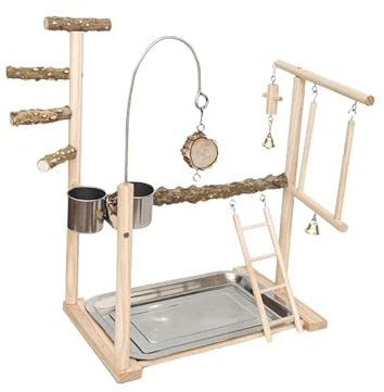 JISADER Parco giochi per uccelli in legno Supporto da gioco in legno Scala per esercizi Gioco persico con tazze di alimentazione per cacatua pappagalli