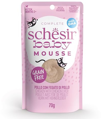 Schesir Baby, Filettini di Pollo con Fegato in Mousse, Alimento Umido Completo per Gattini, Grain Free, con DHA e Taurina, Fonte di Idratazione, 12 x 70 g