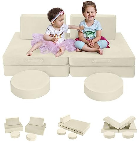 MeMoreCool Spielsofa für Kinder, Modulares Sessel Couch für Kuschelecke Kinderzimmer, Schlafsofa, 8-teiliges Kinder Sofa Spielset, Schaumstoff Sofa Bed mit Schlaffunktion für Mädchen Jungen, Beige