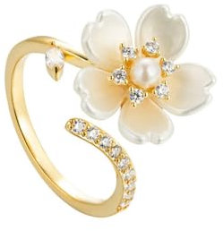 IMINI Anillo abierto con perlas de flor para mujer y niña, chapado en oro de 14 quilates, circonita cúbica, anillo envolvente, anillo de compromiso, anillo de boda, regalo, Cristal, Zirconia cúbica