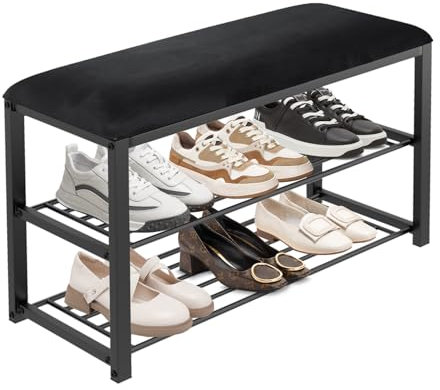 ZZINOKE 3-Etage Schuhregal, Schuhbank mit Gepolsterter Sitzfläche, Baumwolle, Schuhbank mit Stauraum für Eingangsbereich, Flur, Schlafzimmer, Tragfähigkeit bis 150 kg, 80 x 30 x 48 cm, Schwarz