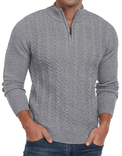 Hisir Mens Quarter Zip Jumper Cable Knit Crew-Neck Sweater Long Sleeve Jumpers Causal Pullover Winter for Men (Light Grey, M)