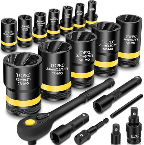 Topec 1/2 Drive Lug Nut Removal Tool, 19-Piece 10-25mm, Impact Lug Nut Extractor Socket Set with Ratchet Handle, Wheel Lock Removal Kit for Damaged, Rounded, Stripped Car Bolt Nuts