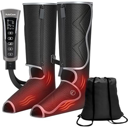 HubiCare Massaggiatore ad Aria per Gambe e Piedi, 6 Modalità e 3 Livelli Intensità, per Circolazione e Sollievo, con Controller Integrato, Fasce Regolabili e Borsa Inclusa