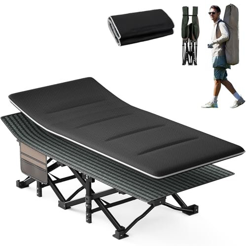 OVERMONT Klappbar Feldbett mit Matratze - Faltbar Campingbett 190 x 71 x 36 cm - bis 250kg Belastbar - 2400D Oxfordgewebe mit Seitentasche Tragetasche für Camping Garten Büro Schwarz Grau