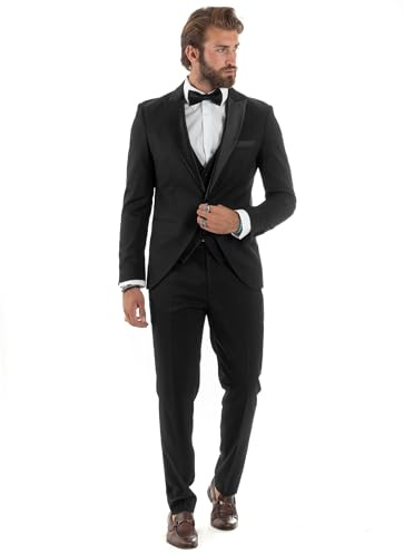 Giosal Abito Uomo Monopetto Vestito 3 Pezzi Completo Giacca Pantaloni Panciotto Smoking Raso Elegante Sartoriale Vari Colori (IT, Numero, 52, Regular, Regular, Nero)