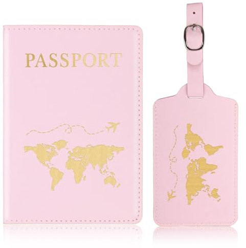 AEIOPRS Reisepasshülle und Kofferanhänger Set aus PU-Leder Reisepass Organizer für Damen und Herren Urlaub Zubehör Travel Essentials Sakura Rosa