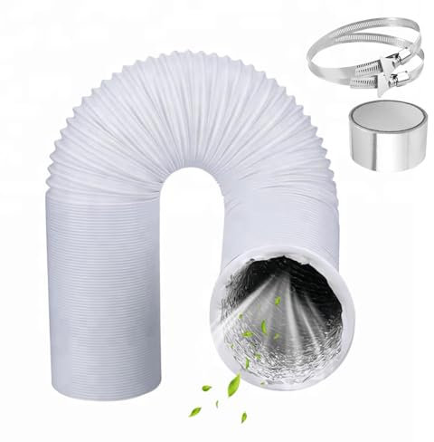 125mm Tumble Dryer Vent Hose 4.2m Long PVC Aluminium Flexible Ducting Hose with 2 Clamps,1 Volume Tape White Air Ducting Vent for Air Conditioner, HVAC Ventilation, Cooker Hood, Extractor Fan