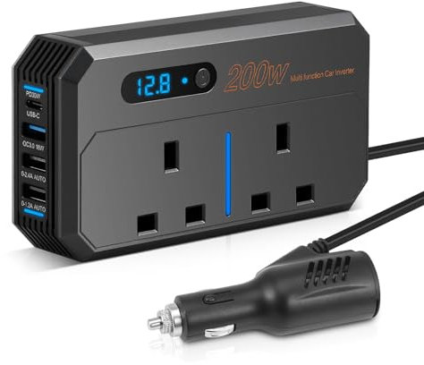 200W Car Power Inverter DC 12V to AC 230V with 2 Sockets and 4 USB Ports, Voltage Converter QC3.0 Fast Charging Car Charger with Cigarette Lighter for Camping Van Caravan Power Inverters